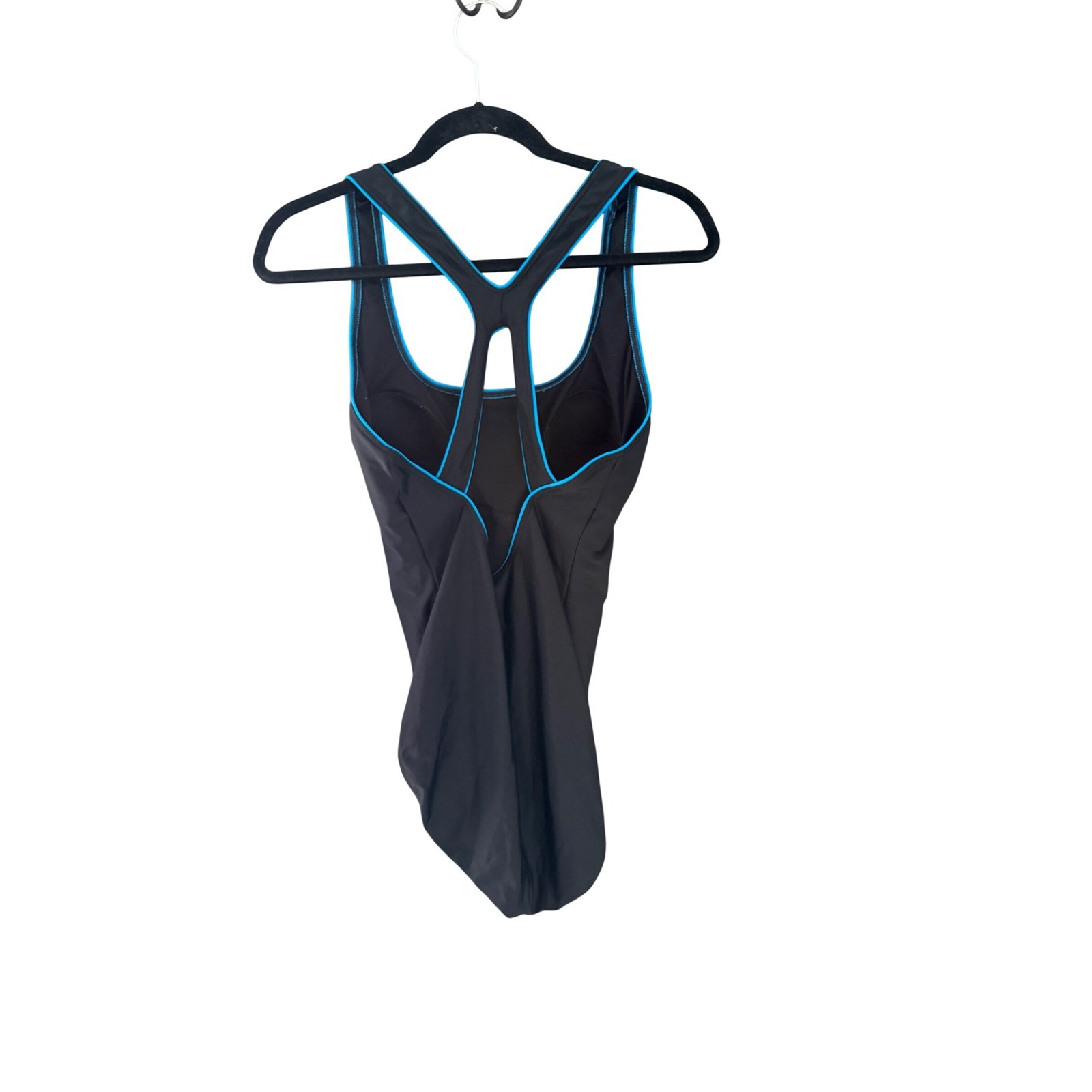 Speedo Womens Size 14 Black Blue Trim Racerback One Piece Swimsuit Athletic Swim