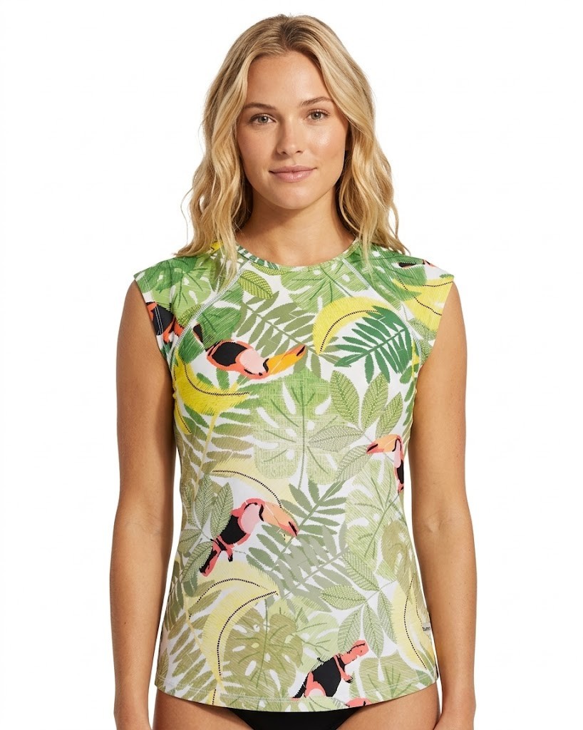 Duluth Trading Swim Top Sz 8 Built-in Bra Tropical Toucan Rash Guard