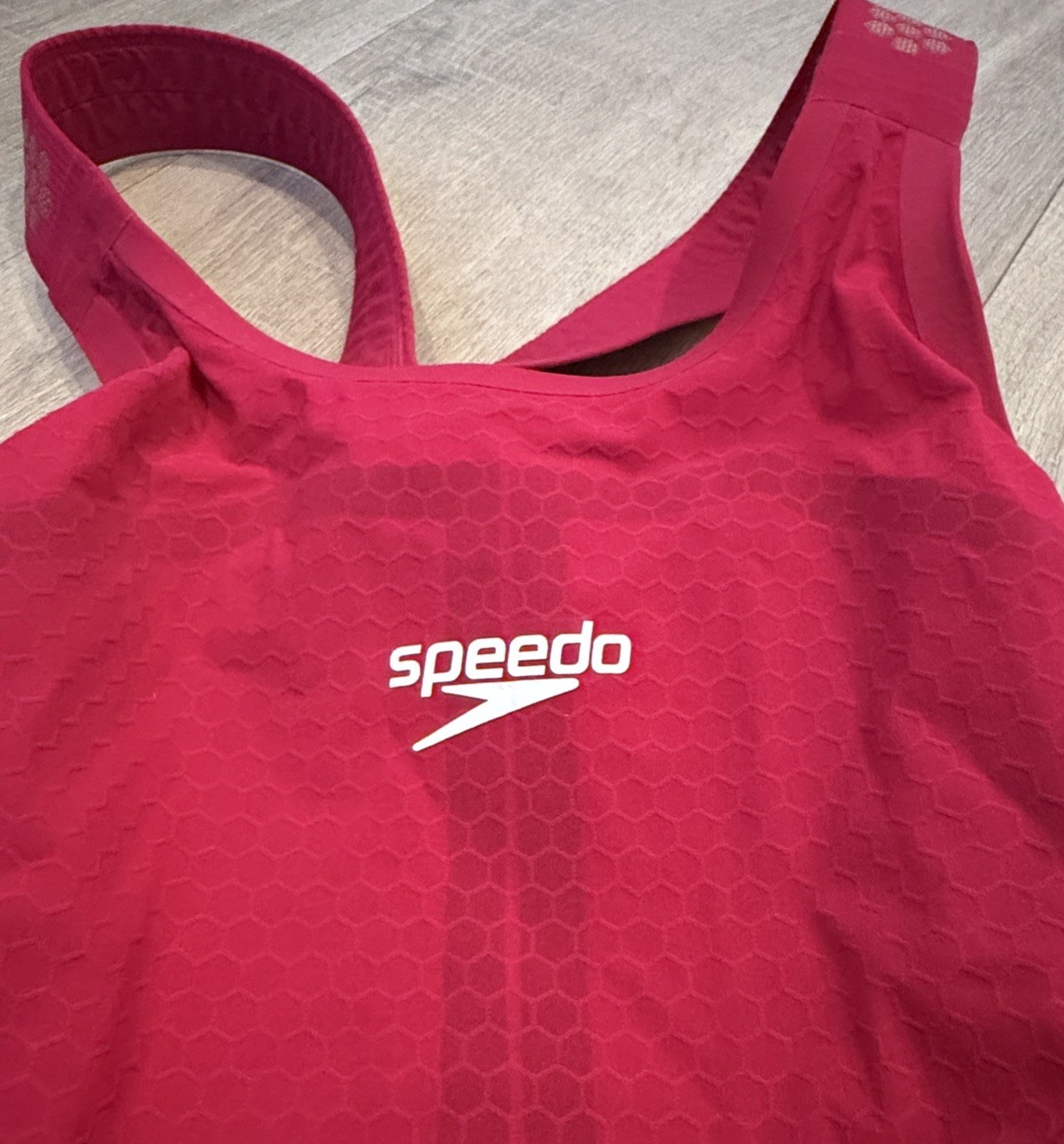 Pink and Gold Women’s Speedo Intent Tech Suit, Size 26, Open Back