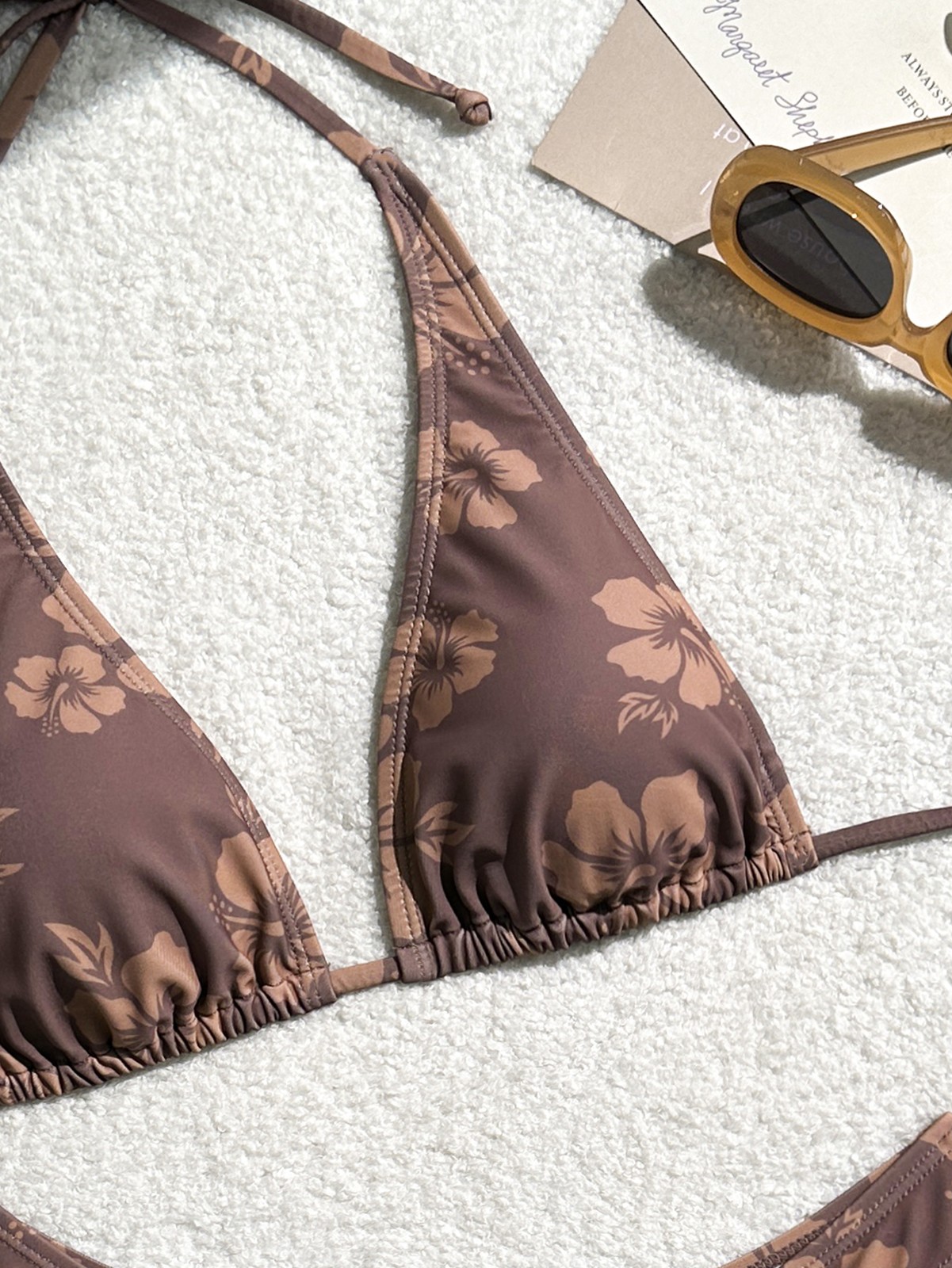 Women’s Brown Hibiscus Floral Triangle Bikini Set, Tie-Side Halter Top & Cheeky