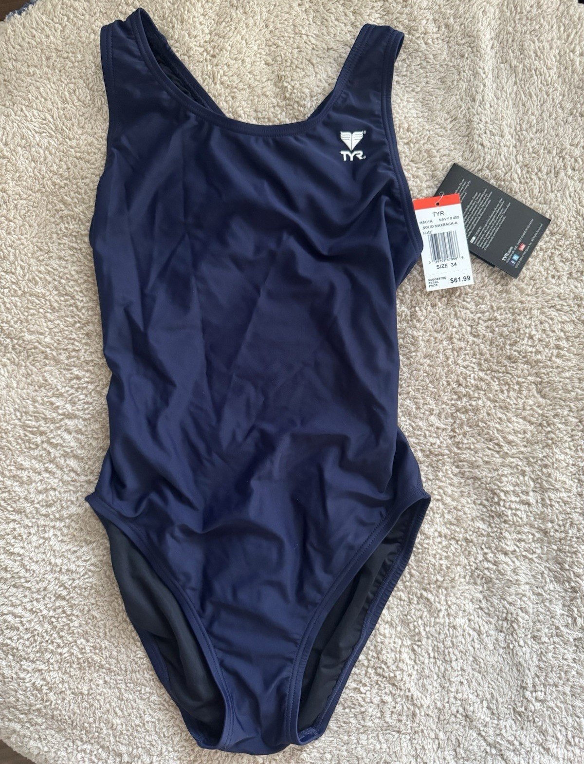 TYR Navy Competitive One Piece Maxback Swimsuit Size 34 Polyester/Spandex