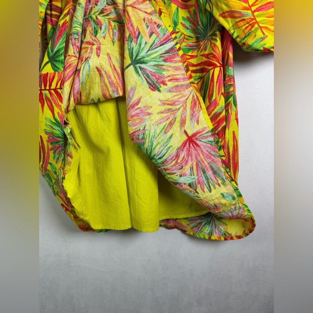 Magischoni Women’s 100% Linen Tropical Print Mini Dress Puff Sleeve Dress Sz S