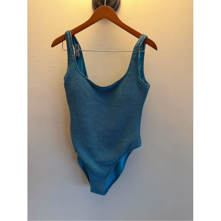 Aerie Real Good One Piece Cheeky Swimsuit Teal Blue Textured UPF 50 Size L
