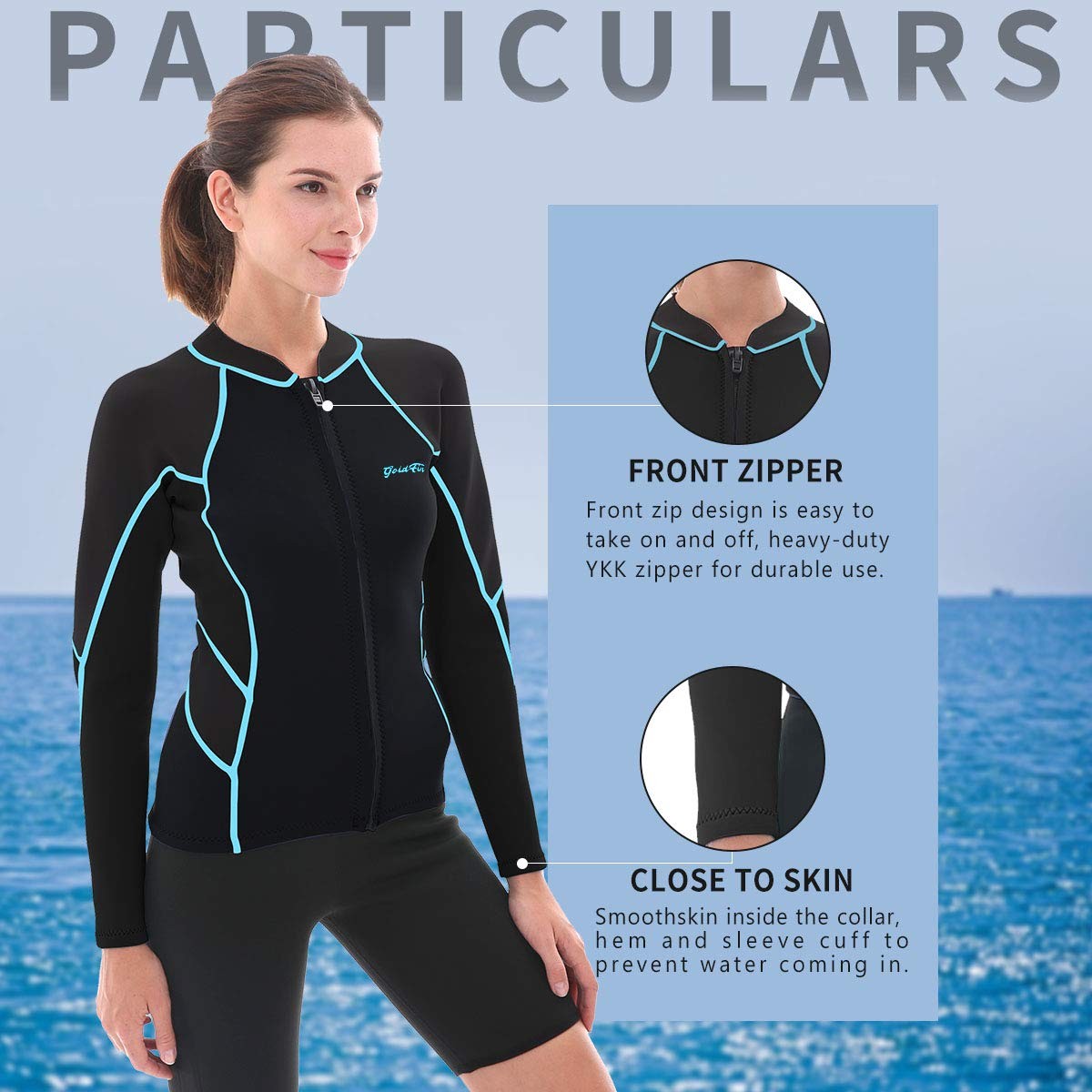 GoldFin Wetsuit Top Women, 2mm Wetsuits Jacket Long Sleeve Medium, Blue/line