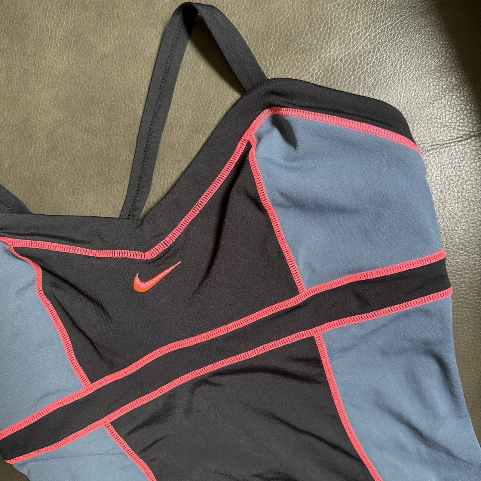 NIKE One Piece Swimsuit Sz 12 Black Neon Red Colorblock X-Strap Back Athletic