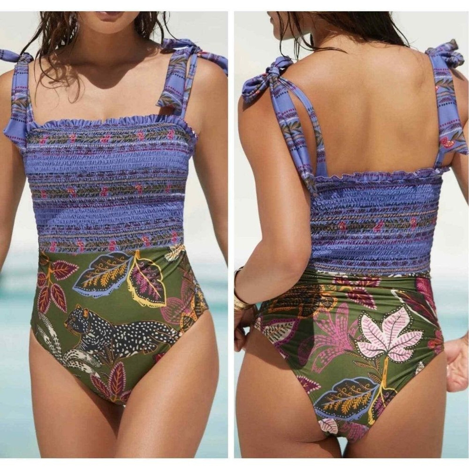 Farm Rio One Piece Swimsuit XS Bikini Tropical Bold Beach Retro Boho Blue Green