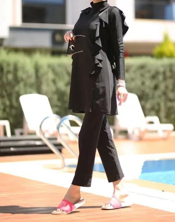 Women Full Coverage Ruffled Swimwear Pants Hat 3-Piece Muslim Swimsuit S-3XL