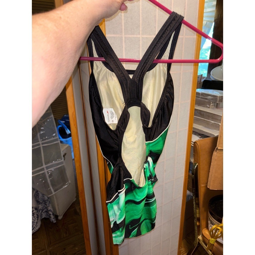 Speedo Womens Green Black Marble Swirl Racerback One Piece Swimsuit Size 8/34