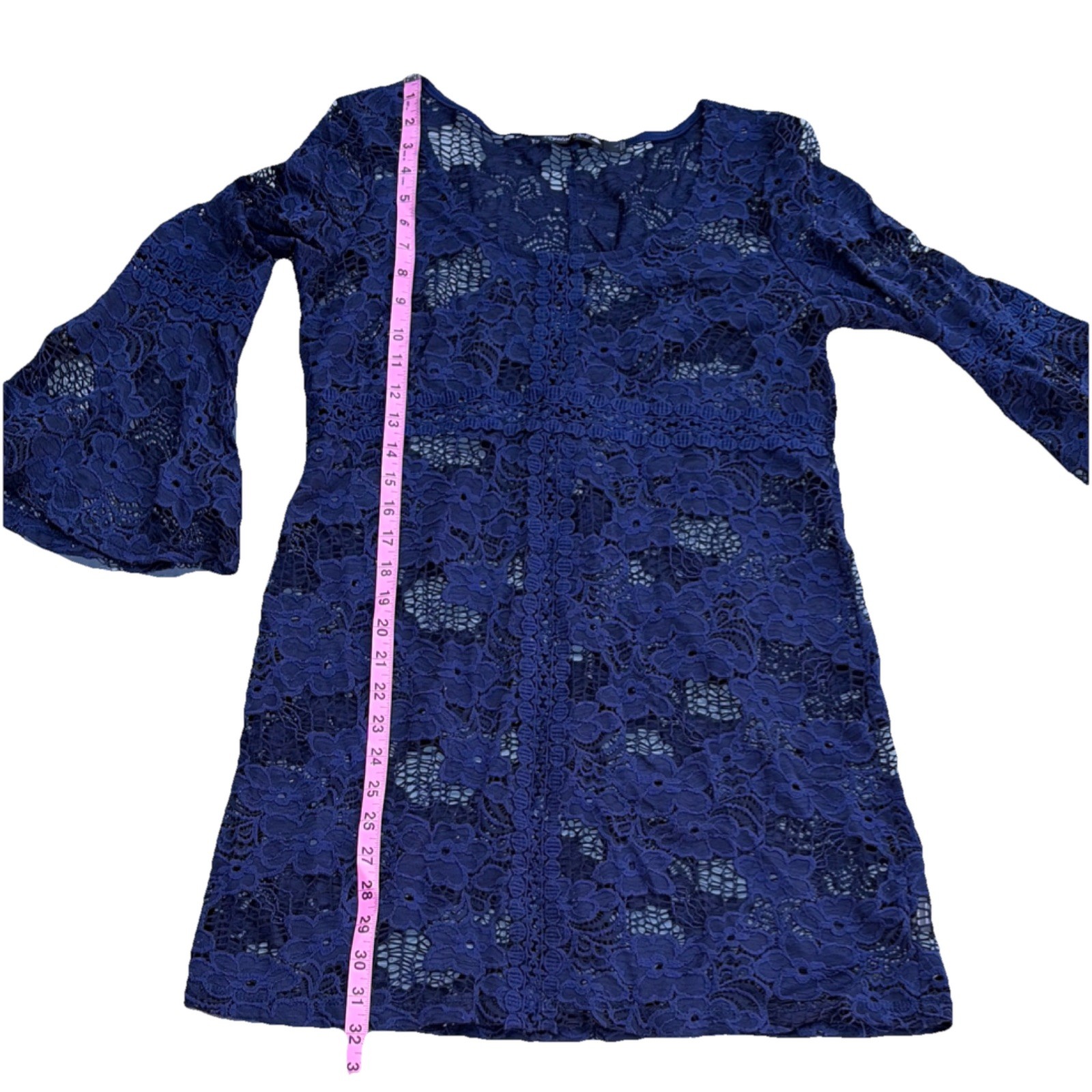 Crystal Doll Blue Floral Lace V-Neck 3/4 Bell Sleeve swimwear cover sz L