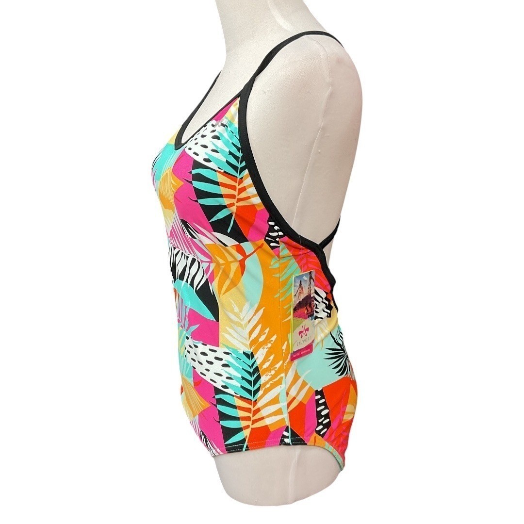 ZX Sport Colorful Tropical Printed Crisscross V Neck One-Piece Swimsuit XL NWT