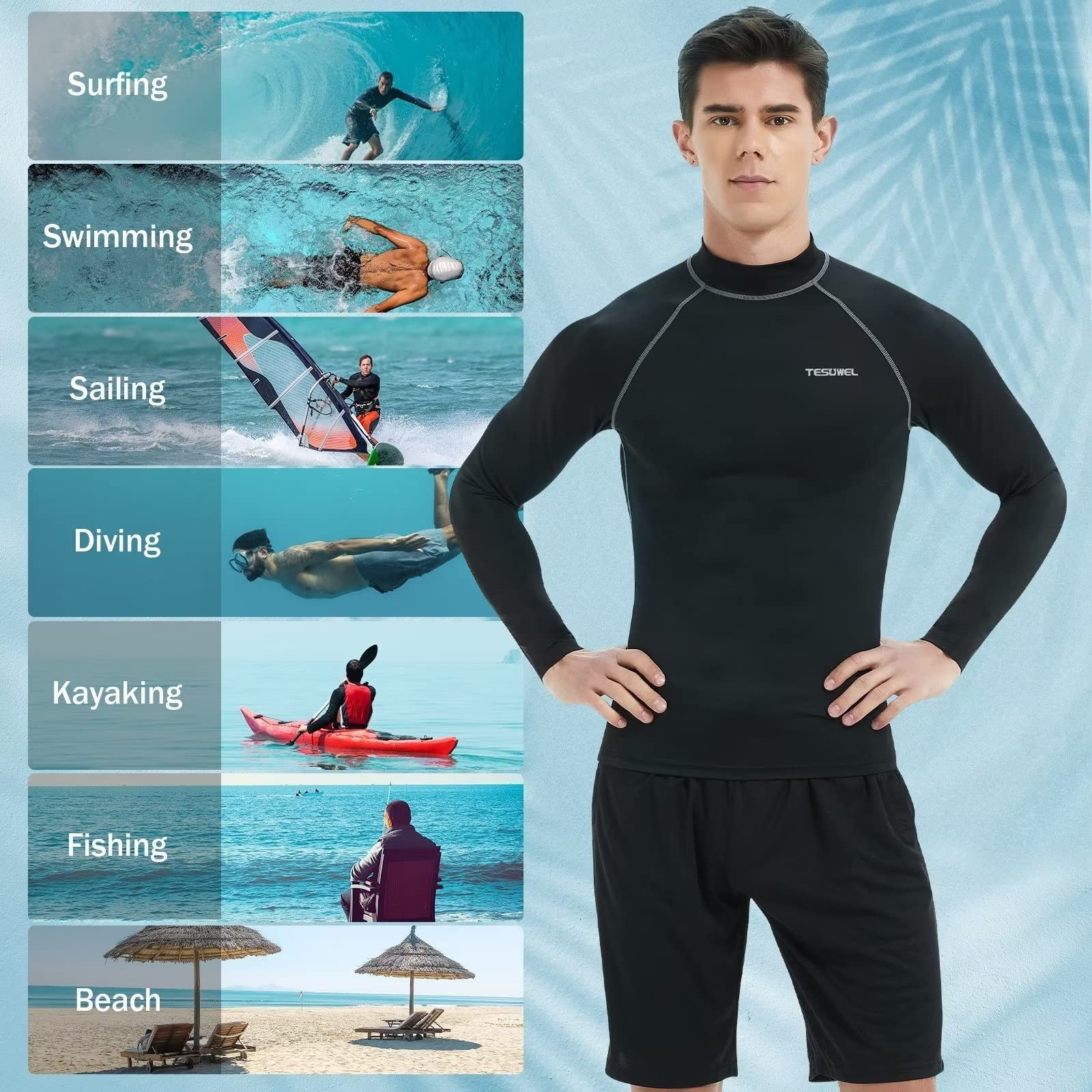 Rash Guard for Men Long Sleeve UPF 50+ Mens Swim Shirts UV Protection Compres…