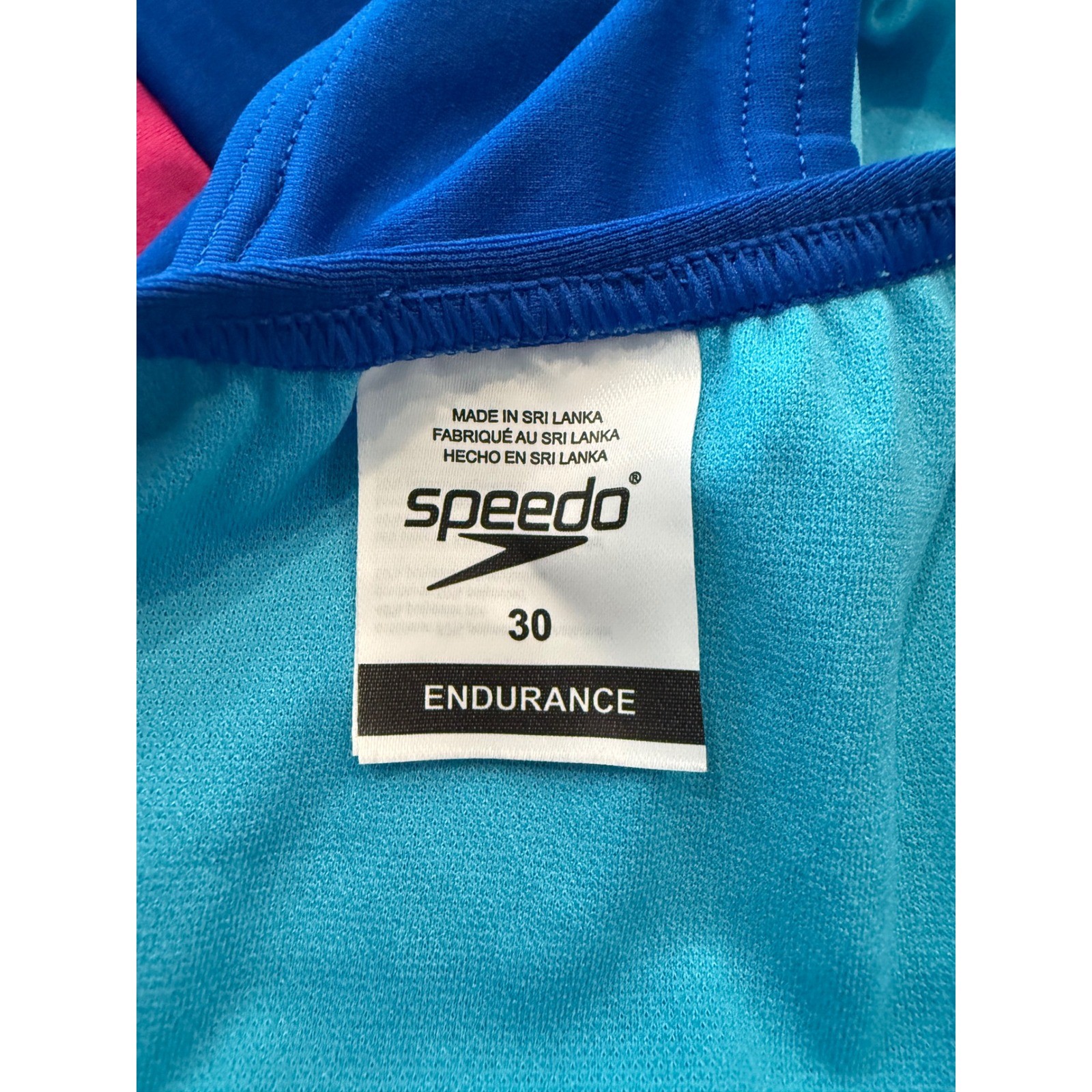 Speedo Endurance+ Women 30 Colorblock Tie Back One Piece Swimsuit Blue Pink Teal