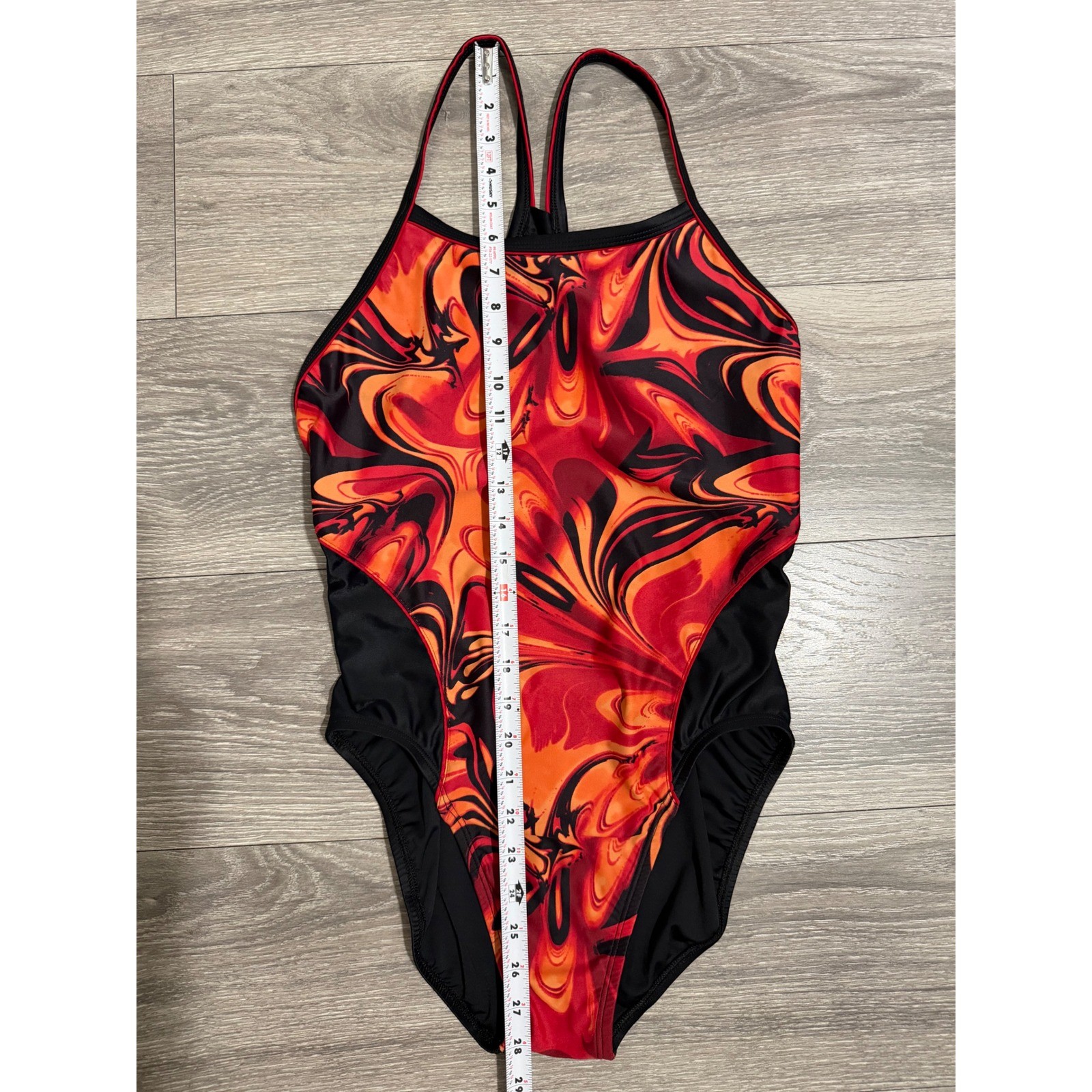 Womens Red Orange Swirl One Piece Swimsuit Size 38/12 Racerback Training Y2K