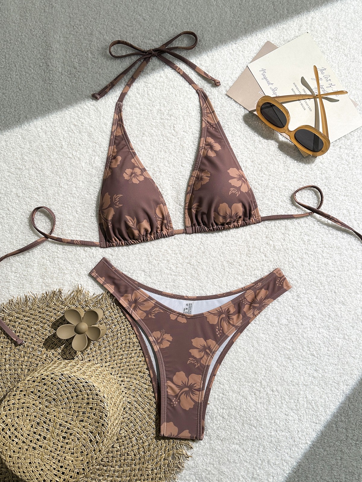 Women’s Brown Hibiscus Floral Triangle Bikini Set, Tie-Side Halter Top & Cheeky