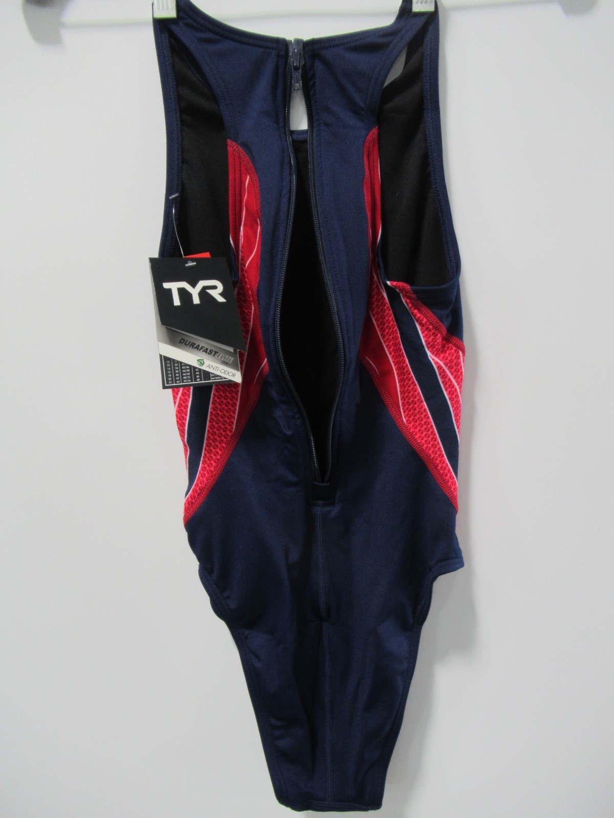 TYR Phoenix USA Logo Destroyer Blue Red Water 1-Piece Polo Swimsuit Womens Sz 34