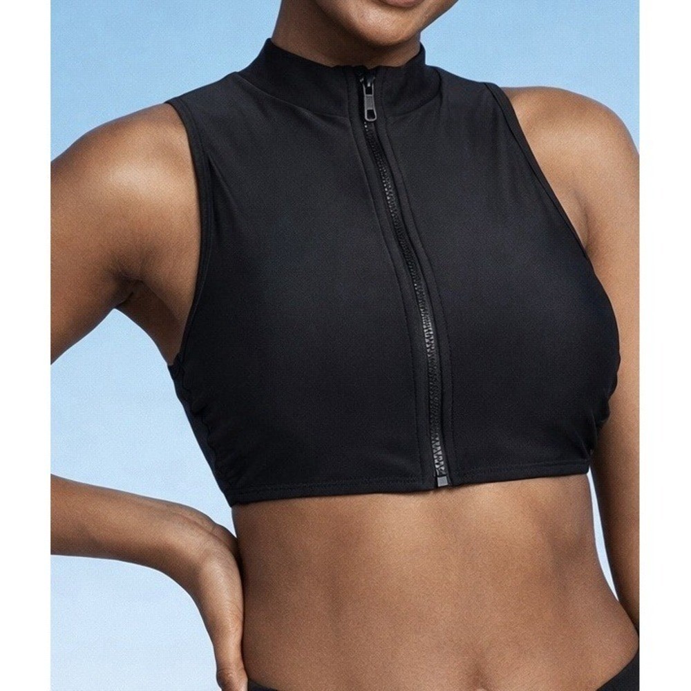 NWT Wild Fable Women’s Zip padded M Medium black Bikini Top Sports Bra Swim