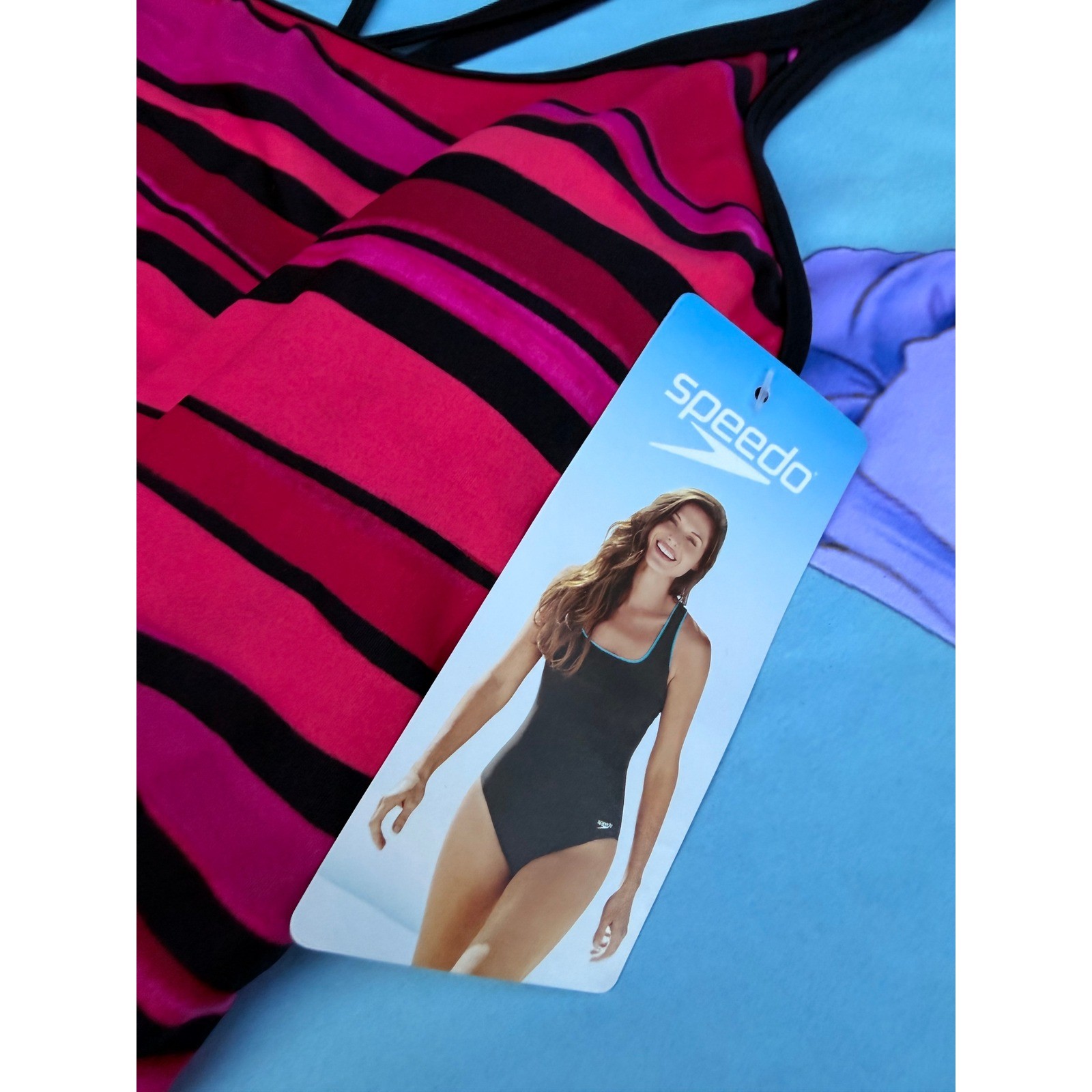 Speedo One Piece Swimsuit Women 16 Pink Black Striped Crossback Padded Classic