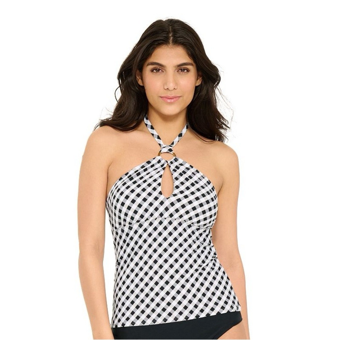 Freshwater Checked O-Ring Halter Tankini Top black white size medium