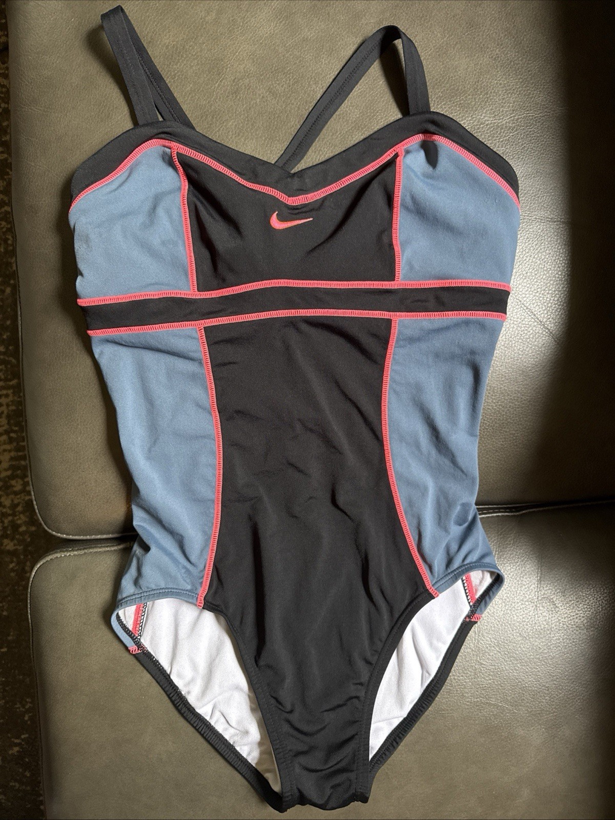 NIKE One Piece Swimsuit Sz 12 Black Neon Red Colorblock X-Strap Back Athletic