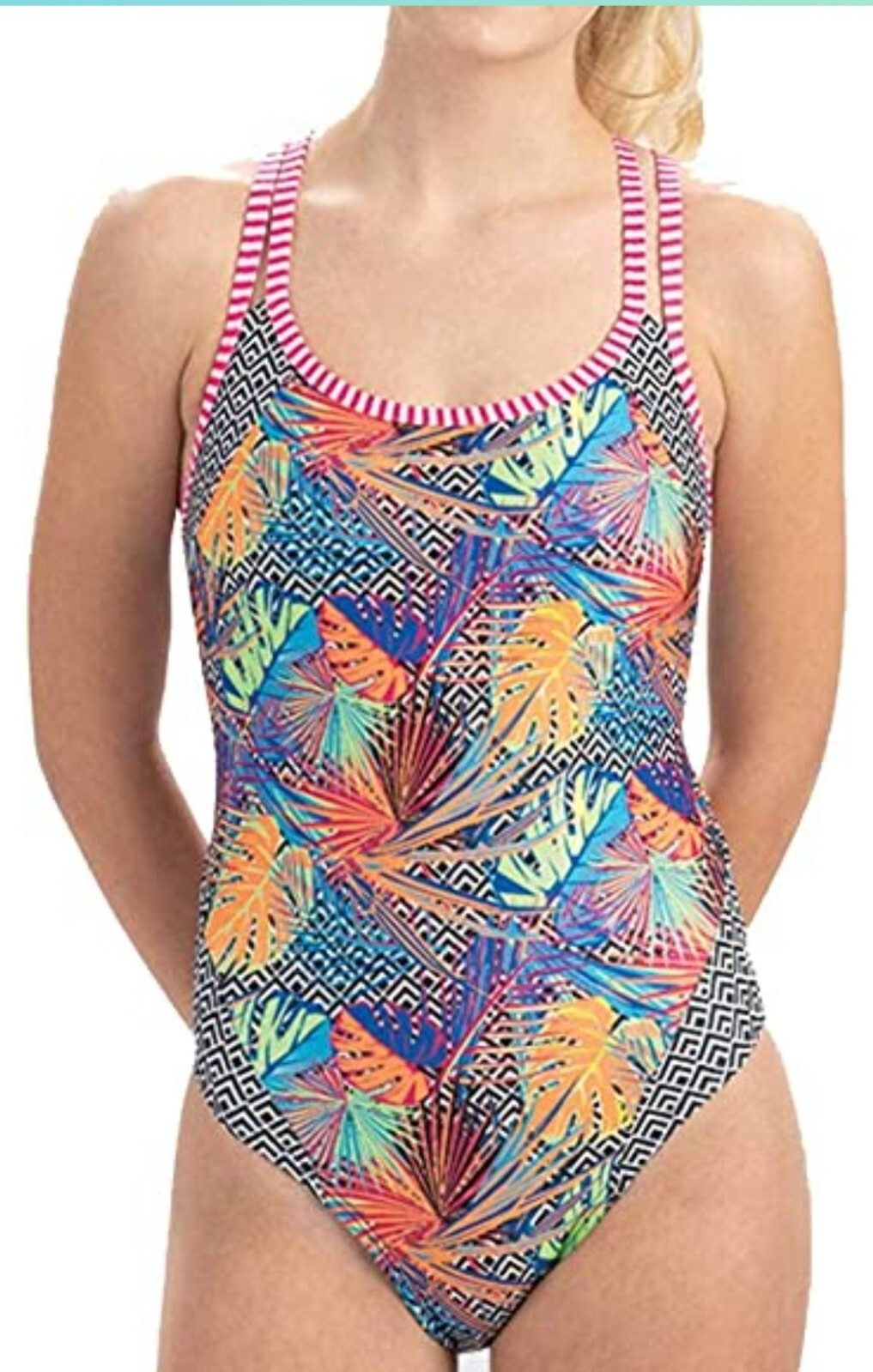 Dolfin Uglies Women’s One Piece multi Print Double Strap Back Swimsuit. Sz 28.