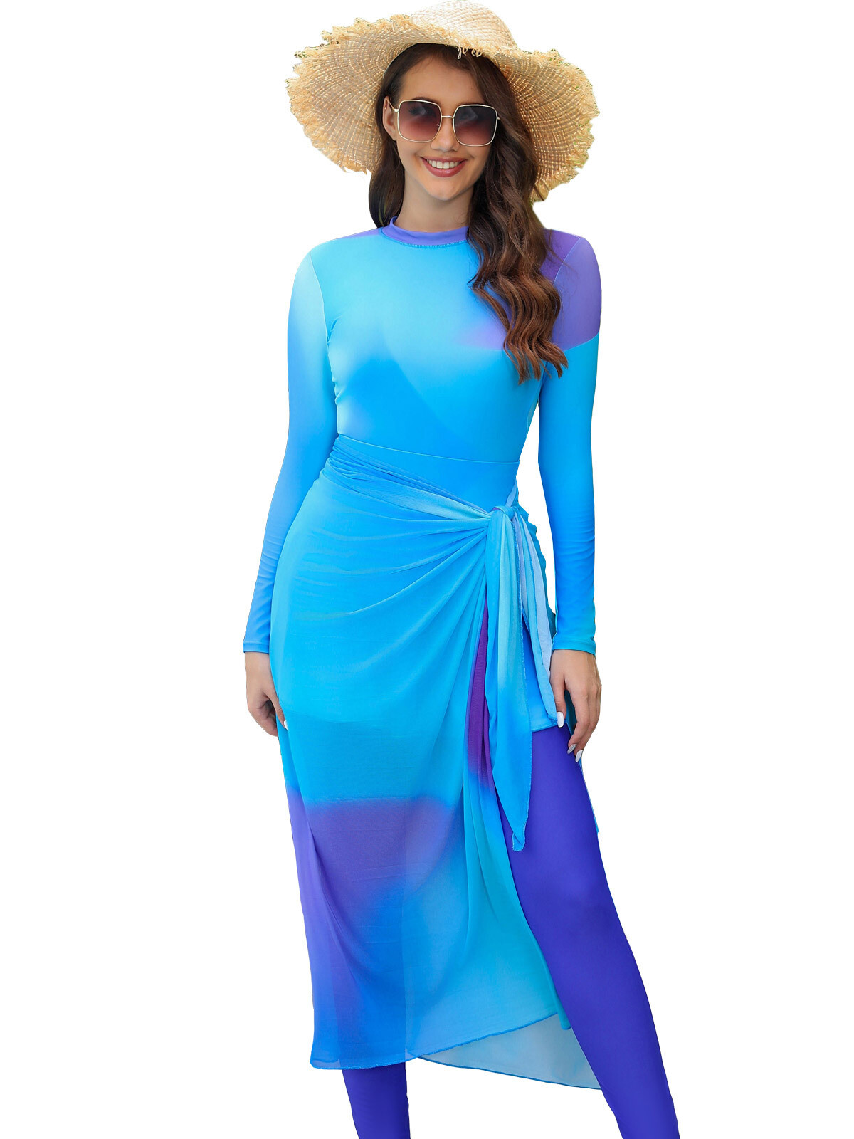 Women Fashion Swimwear Two Pieces Split Tops Pants Full Cover Burkinis Beachwear