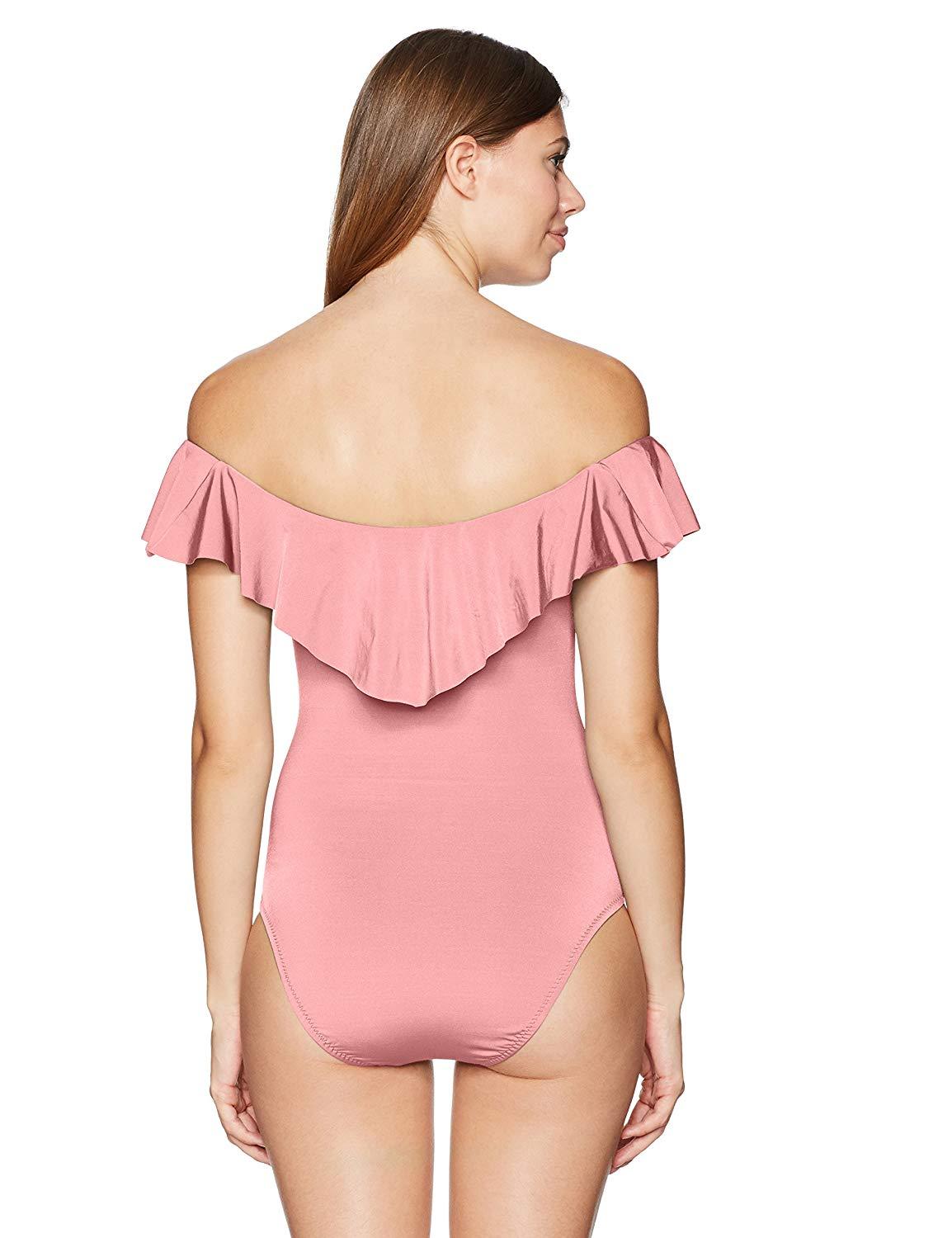 TRINA TURK Women’s TT8BF11 OFF SHOULDER RUFFLE BANDEAU Light Coral SWIMSUIT- 14