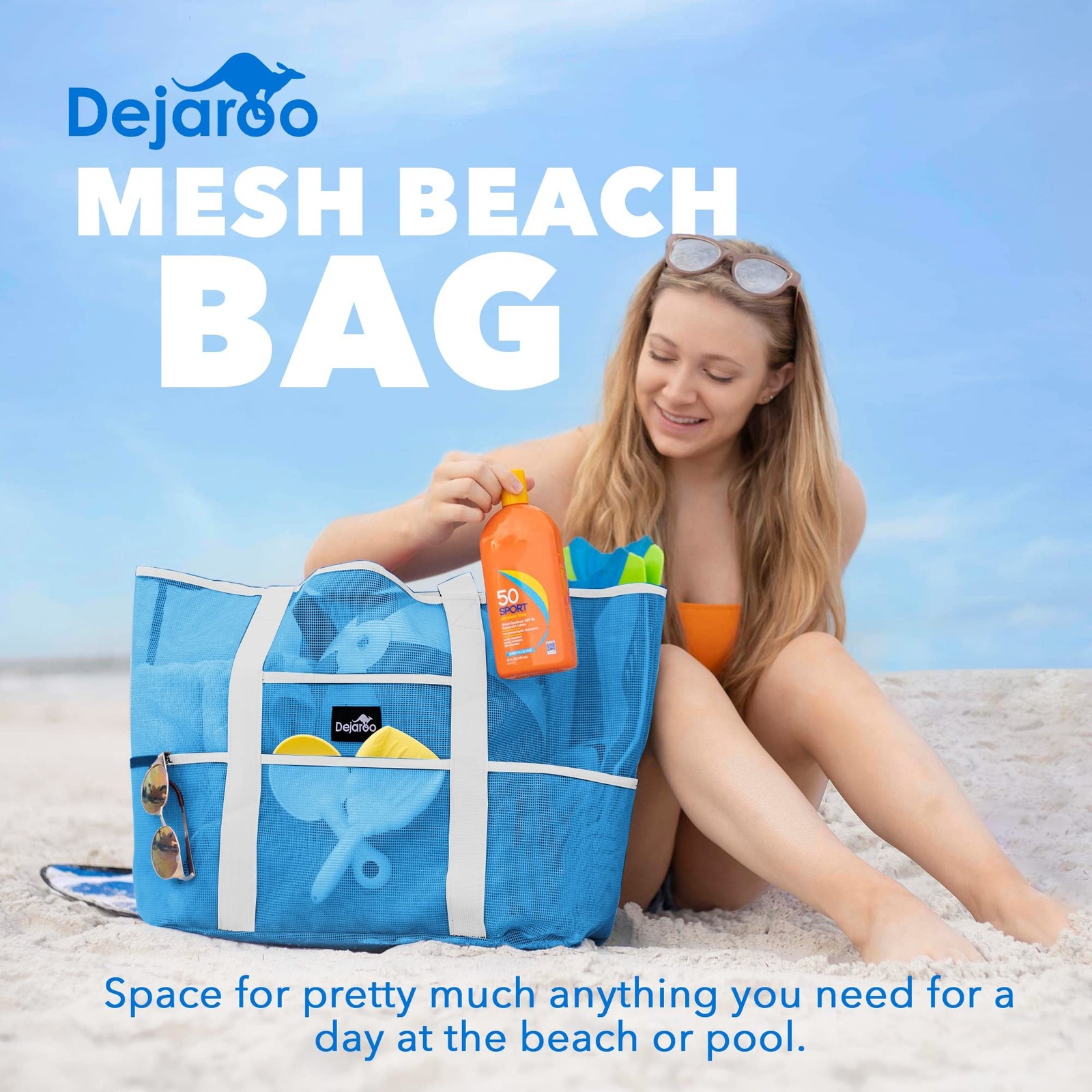 Dejaroo Mesh Beach Bag for Women, Large Sand Free Tote, 8 Pockets, Foldable 1…