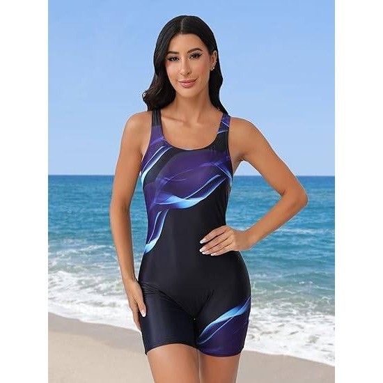 MSRP $37 ATTRACO Womens Blue Curve XL Boyleg Sport One Piece Swimsuit Athletic