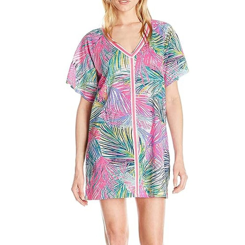 Lilly Pulitzer Women’s Bonita Coverup Tropical Palm Print “Scarlet Macaw”, L