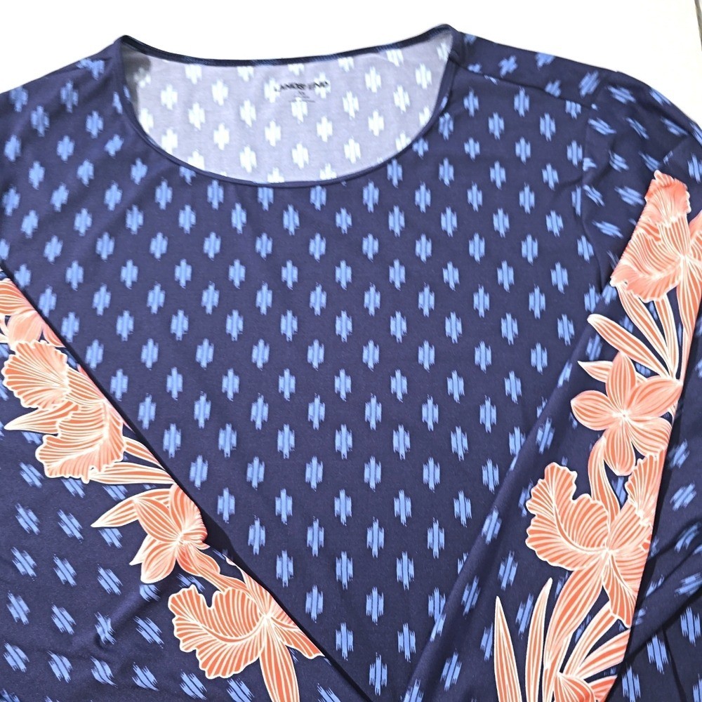 Lands’ End blue ikat print athletic swim shirt red flower Sleeves Rash Guard 3X