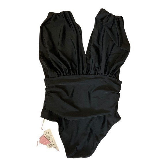 SHIYISHENG Swimsuit Deep V-Neck Ruched One Piece Womens Large Black