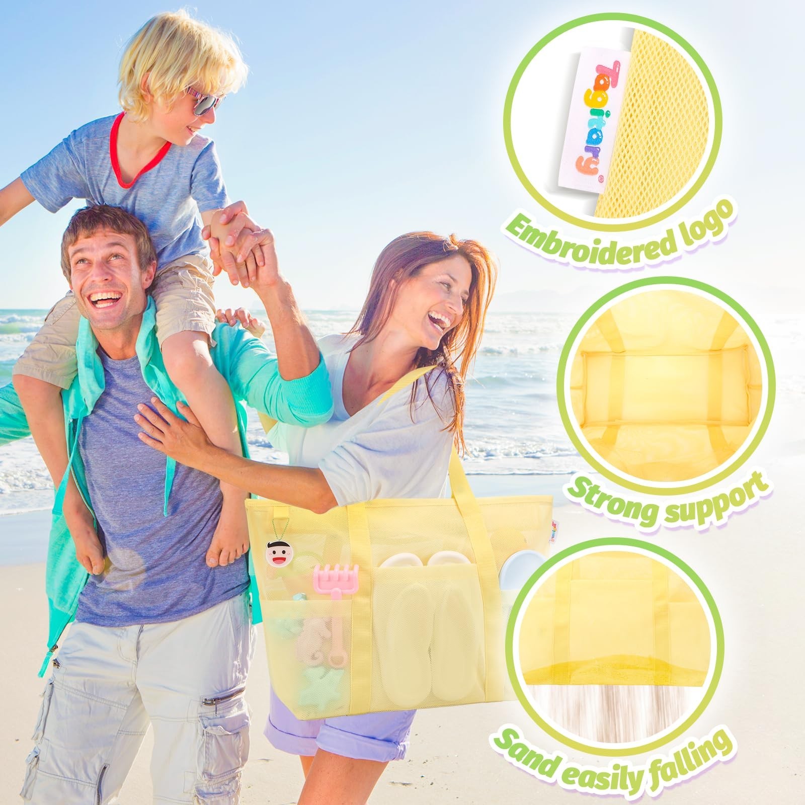 Tagitary Mesh Beach Bag with Zipper and 8 Pockets Yellow & Pink, Large Beach …