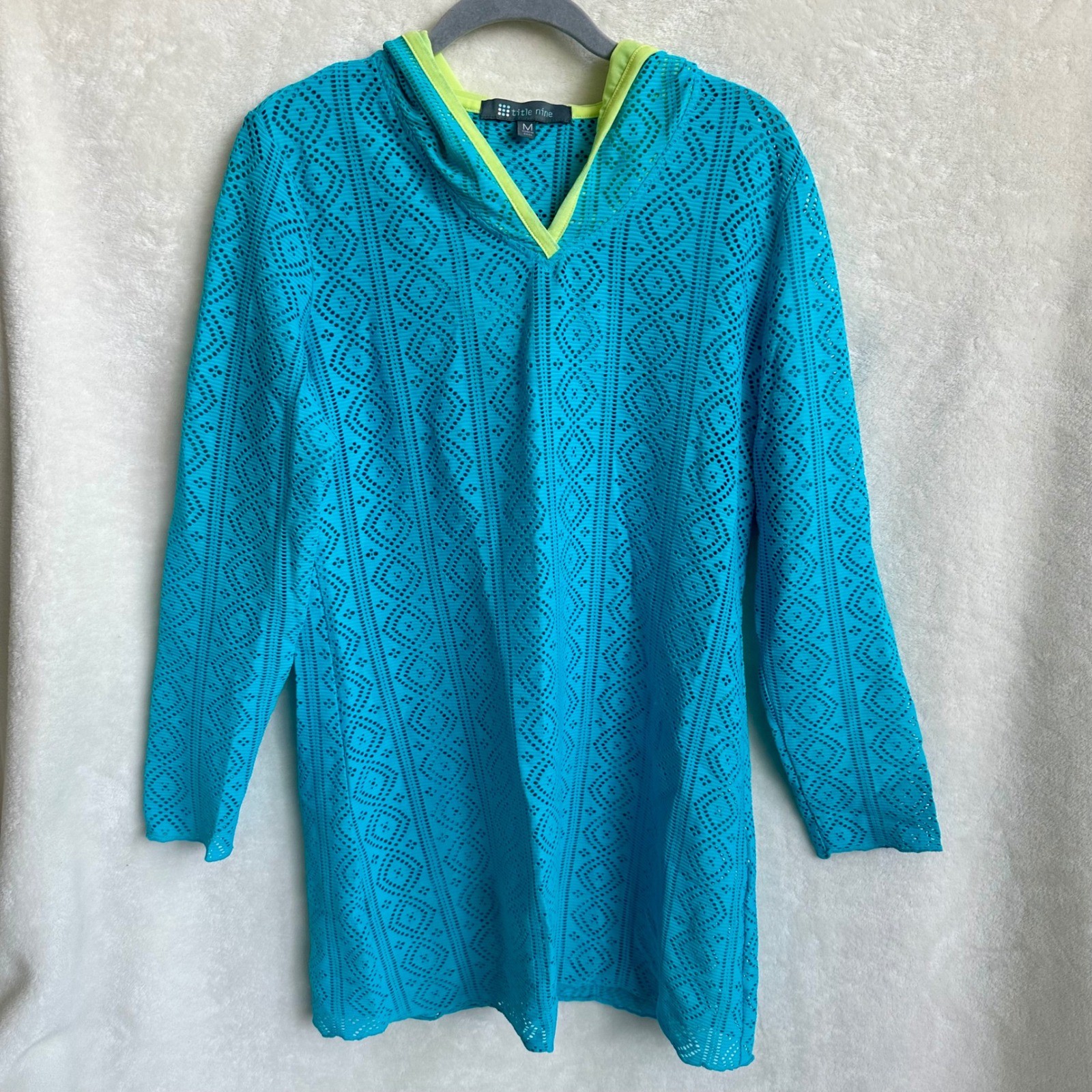 Title Nine Lazer Cut Hooded Swim Coverup Tunic Teal Turquoise Lime Womens M