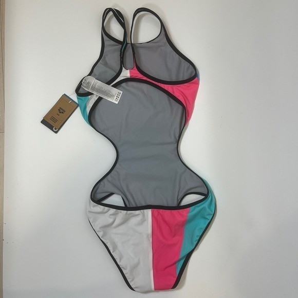 Arena One Placement Tech Back Swimsuit Multi Black Geometric Cutout One Piece 36
