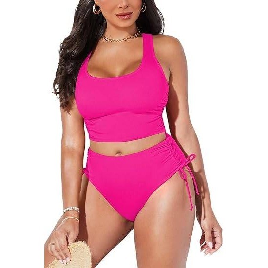 MSRP $35 Pink Queen Rose Red XL Bikini Set Racerback Ruched Crop Top Hig