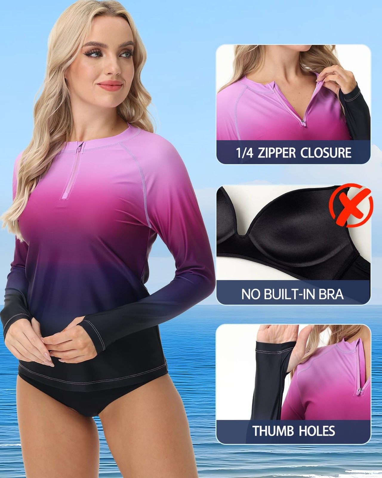 Rash Guard for Women UPF 50+ Swim Shirts 1/4 Zip Long Sleeve SPF UV Protectio…