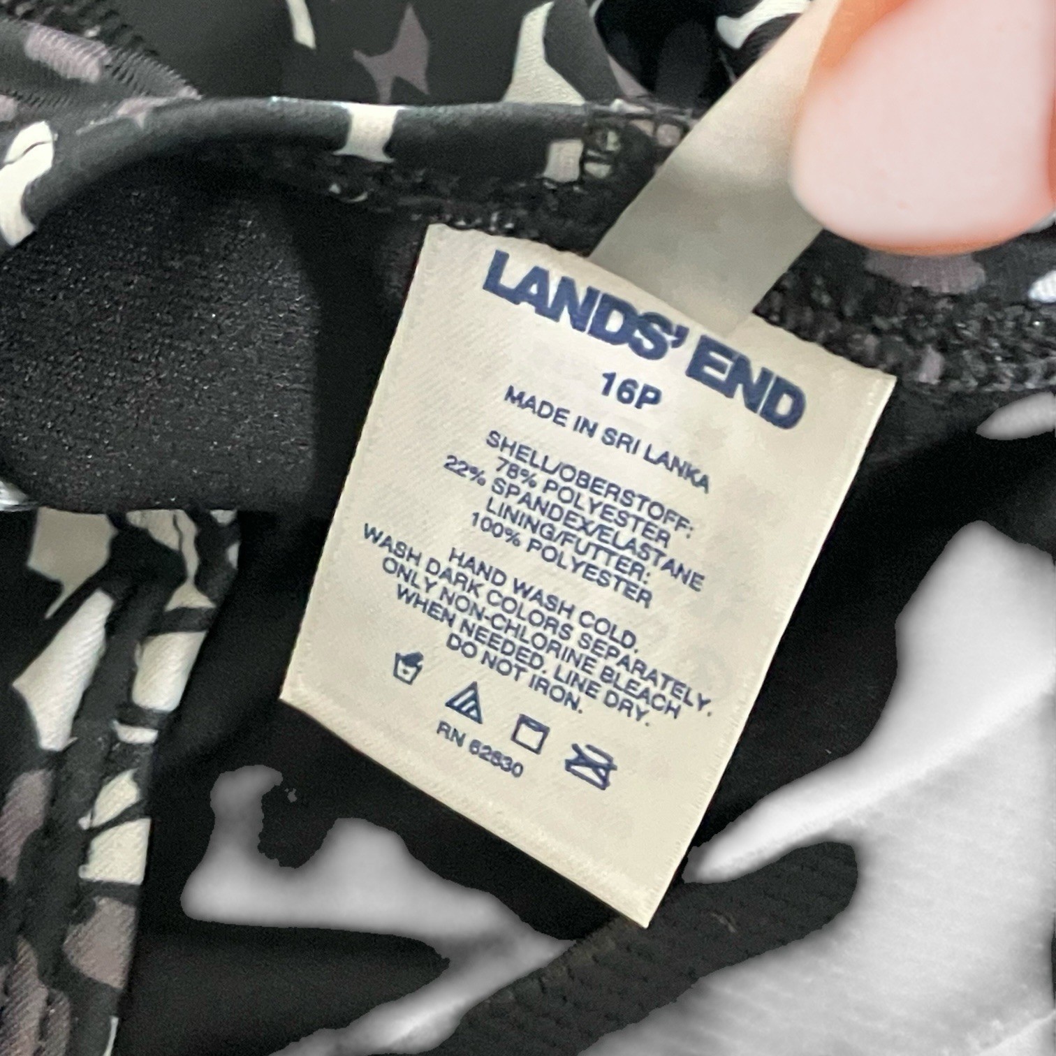 Lands’ End One Piece Swimsuit Black Gray Floral Criss Cross Back 16P