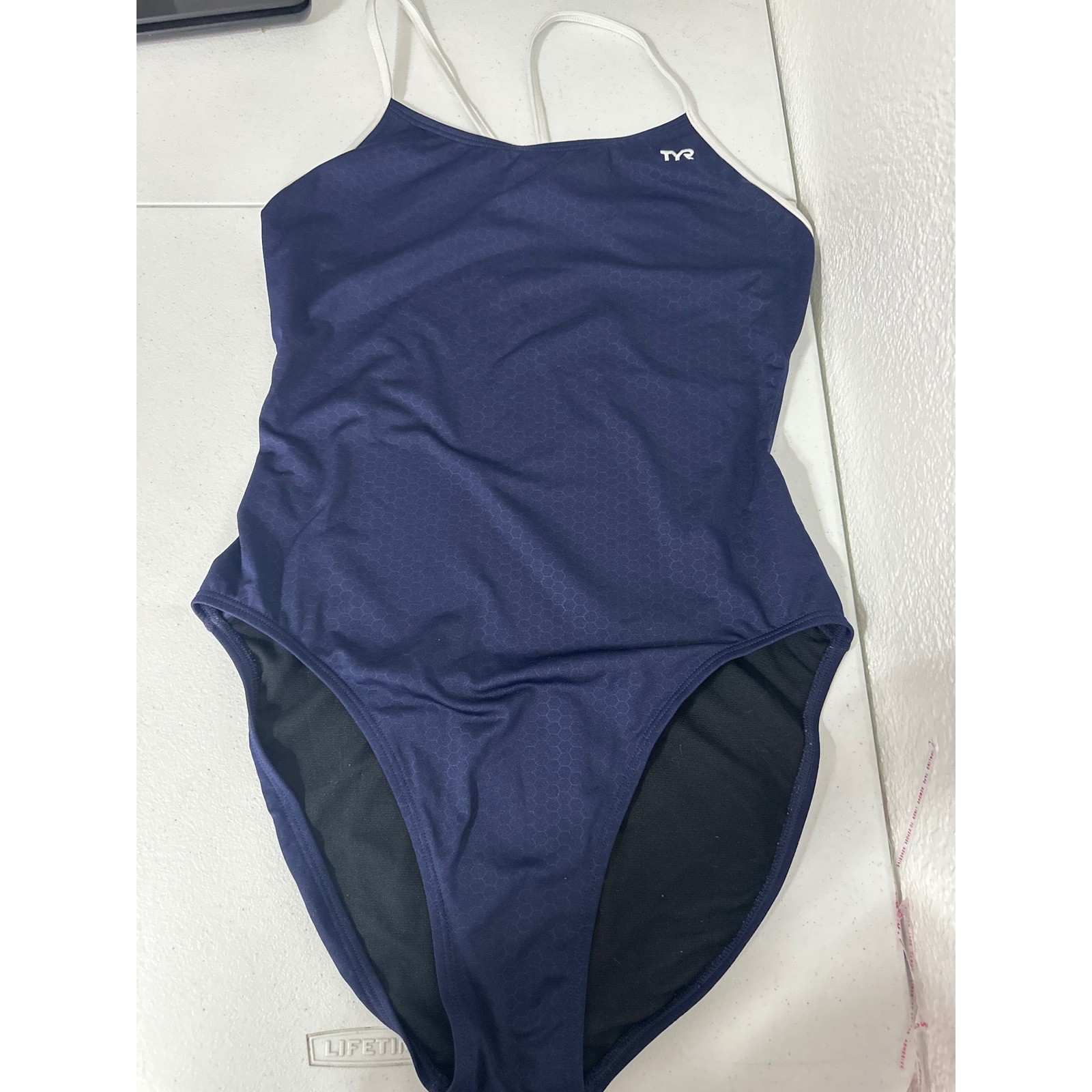 TYR Womens Navy Blue Honeycomb Performance One Piece Swimsuit Size 40 Training