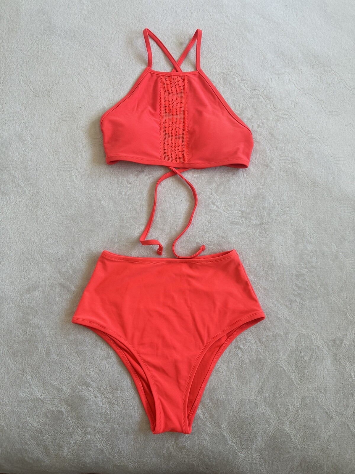 Aerie Womens Orange Red Swimsuit Bikini Top and High Waist Bottom Size S XS