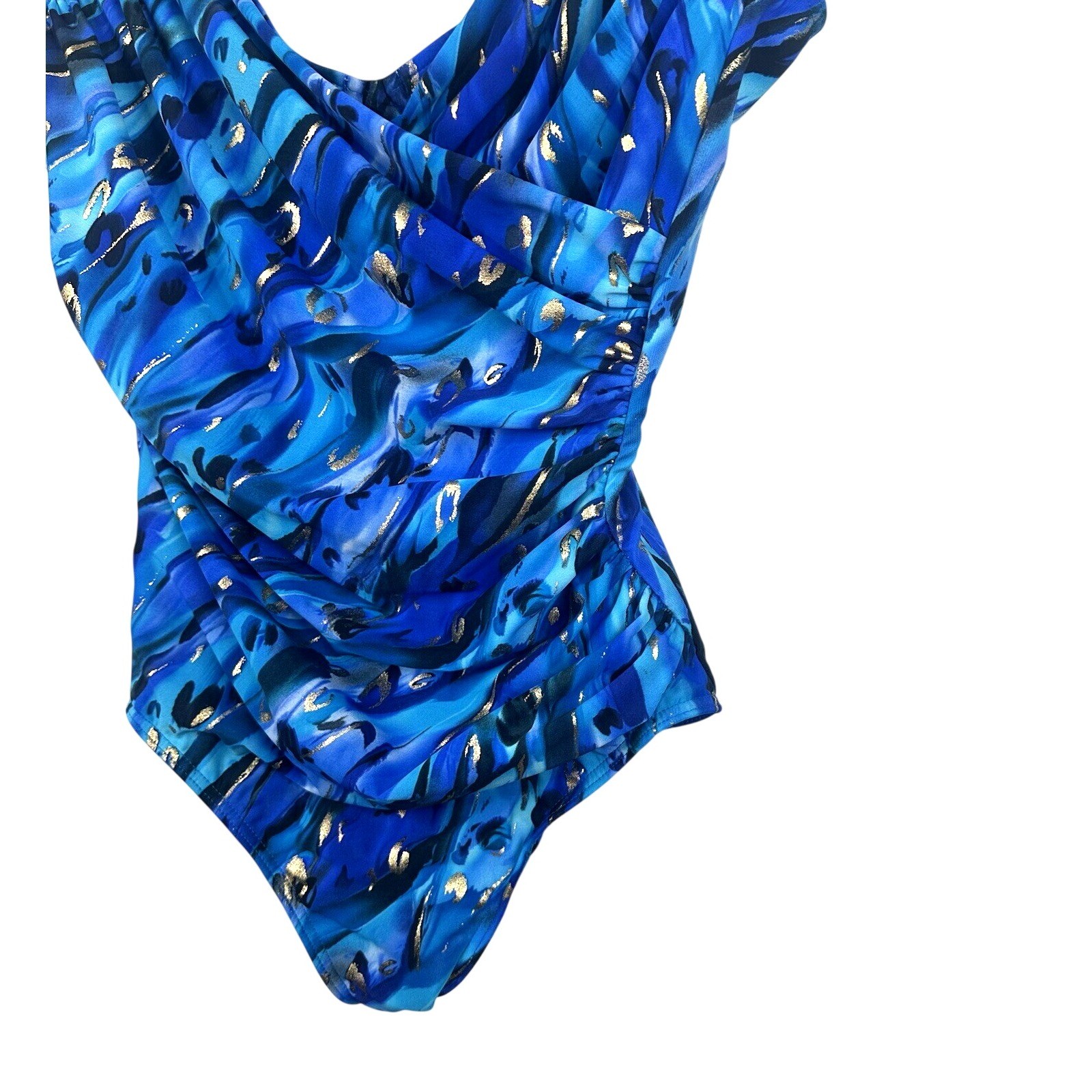Miraclesuit Animal Magnetism Temptress Wrap One Piece Swimsuit Blue Gold Size 6?