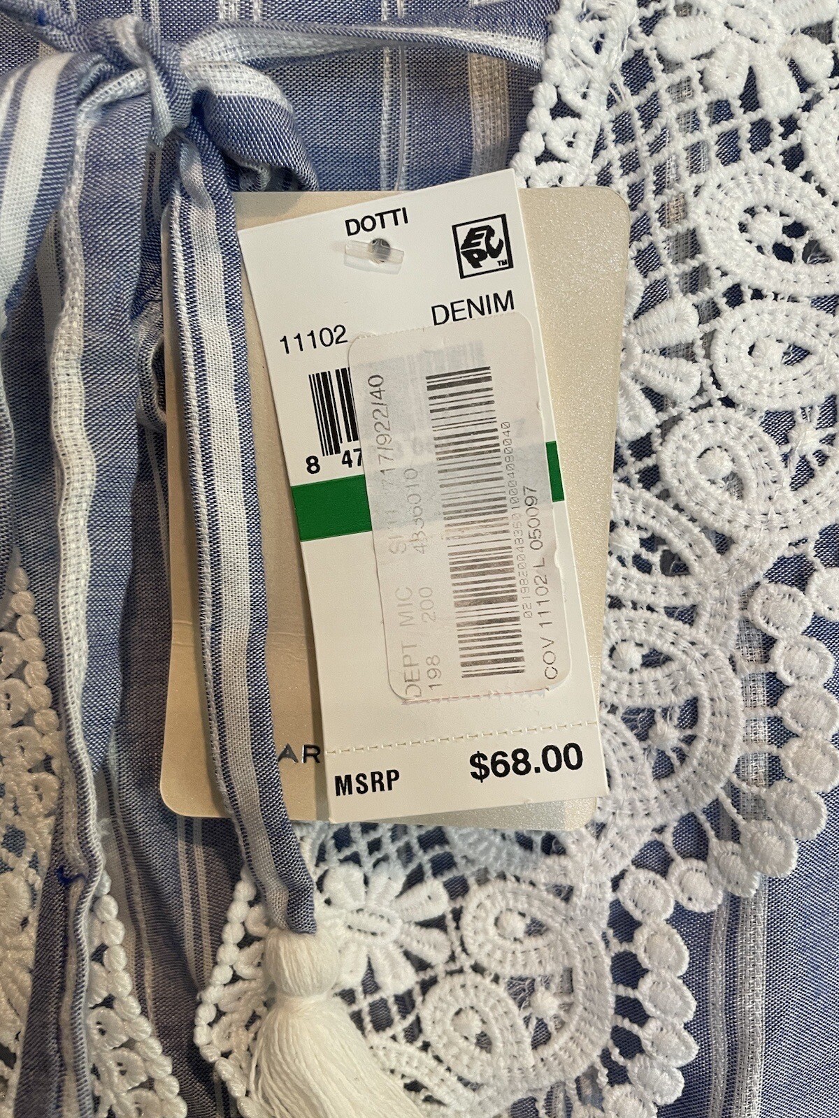 NWT Dotti Denim Blue Striped Poncho Tassel Swimsuit Cover Up Women’s Size Large