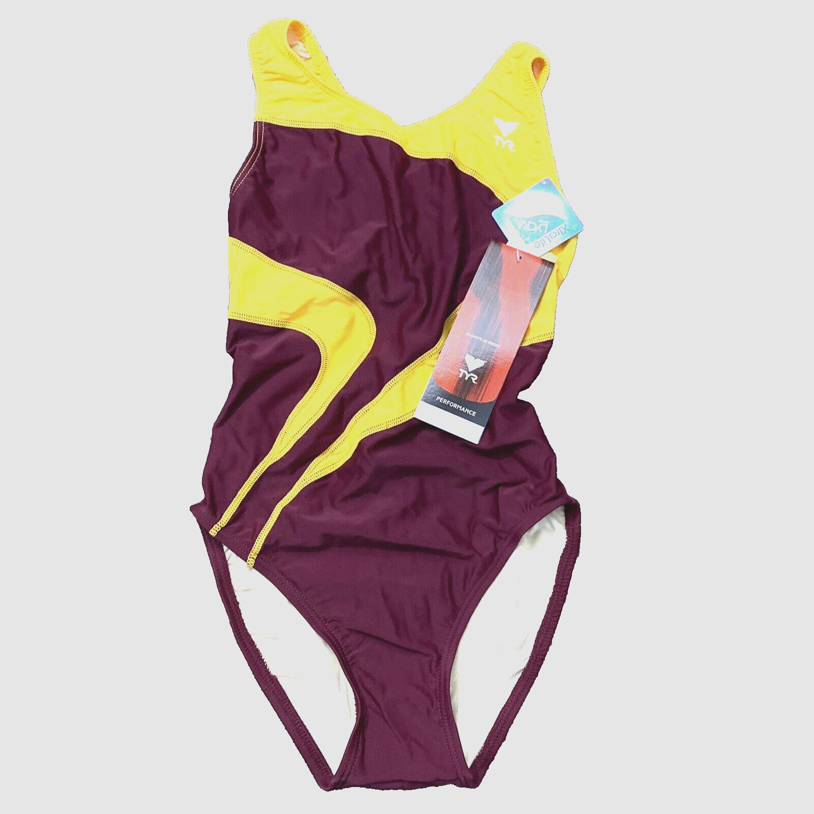 TYR T-Splice Maxback Women Sz 32XS One Piece Swimsuit Burgundy/Gold UPF 50+