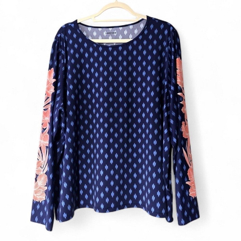 Lands’ End blue ikat print athletic swim shirt red flower Sleeves Rash Guard 3X
