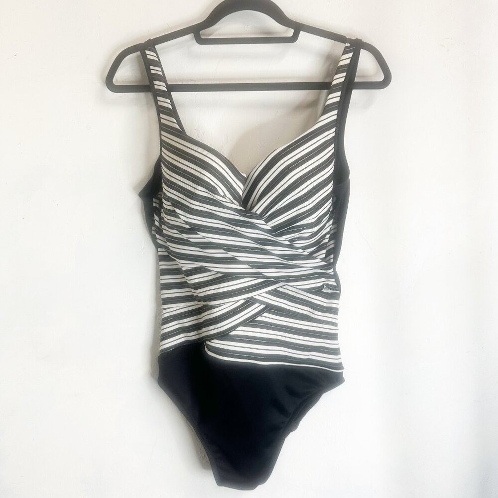 Miraclesuit Black White Striped Escape Swimsuit Underwire Slimming One Piece 14