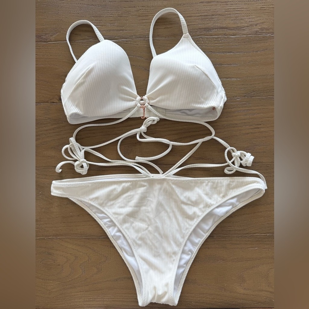 Shade & Shore White/Cream Ribbed Bikini Set 36C Top + Large Bottom T11