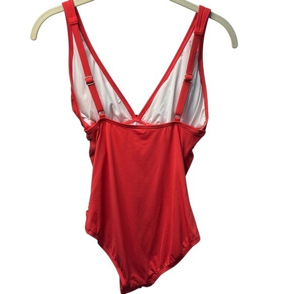 Michael Kors Womens Red V-Neck Ruched One Piece Swimsuit Gold Logo Ring Size 10