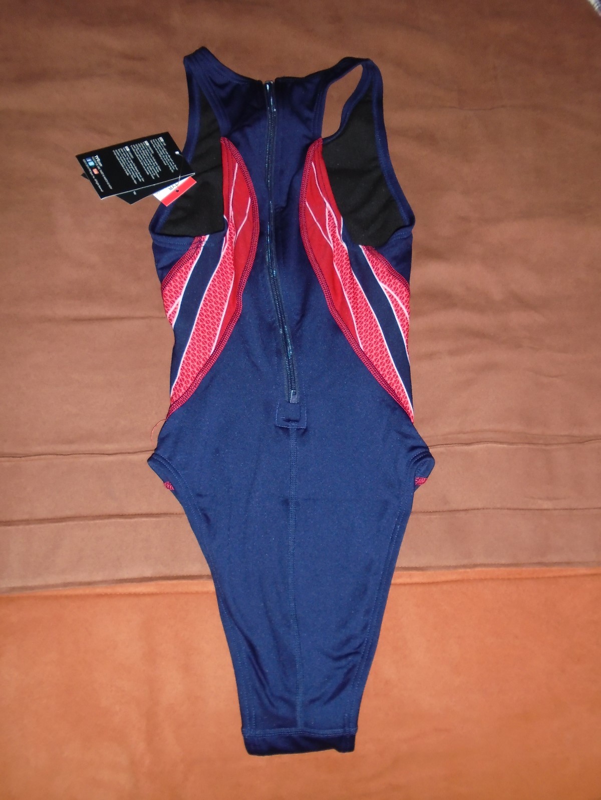 TYR Phoenix USA Logo Destroyer Blue Red Water 1-Piece Polo Swimsuit Womens Sz 26