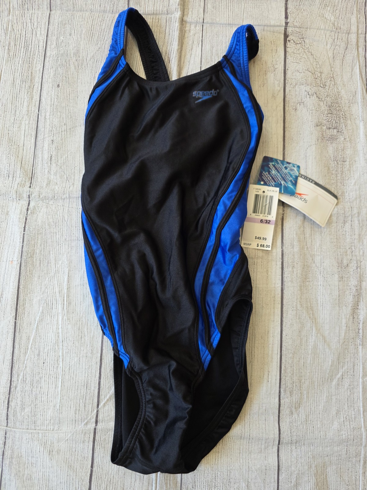 Speedo Racing Women’s Size 6/32 One Piece Swimsuit New w/ Tags Black Blue Lycra