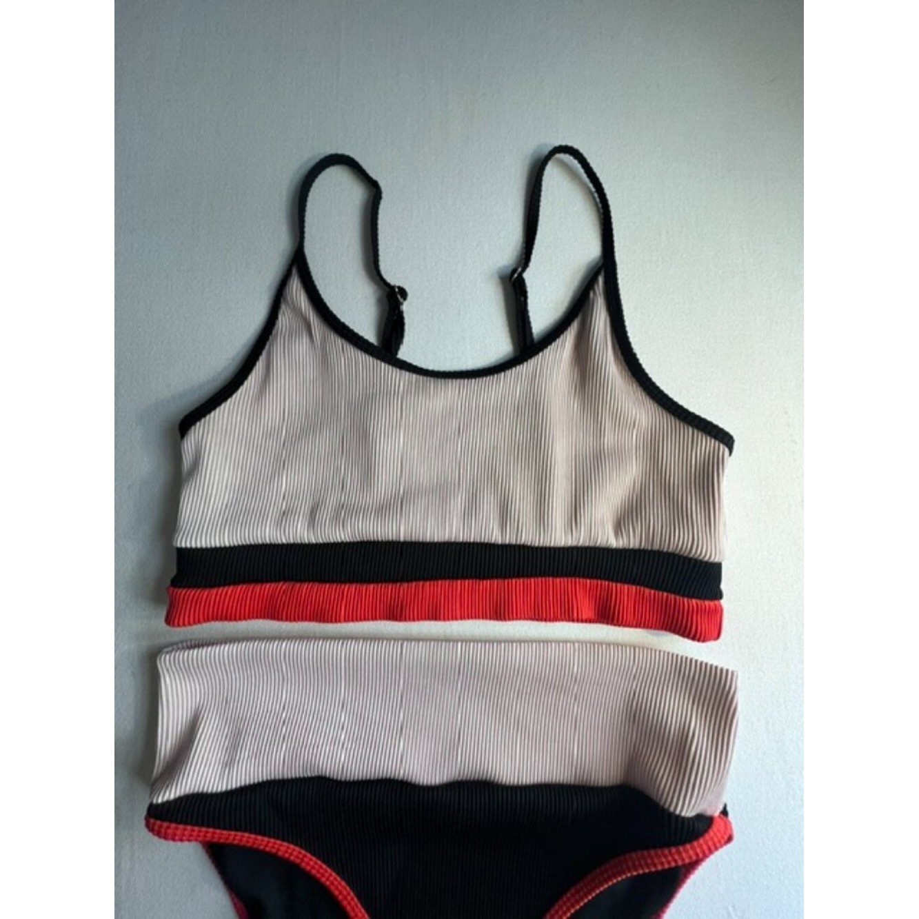 Two-Piece Bikini Set ribbed sporty color block pink black orange high waist