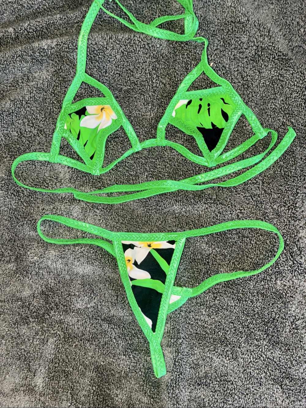 Neon Green | Y2K | Tropical Micro Bikini | Sexy Triangle Cutout Top | Thong | XS
